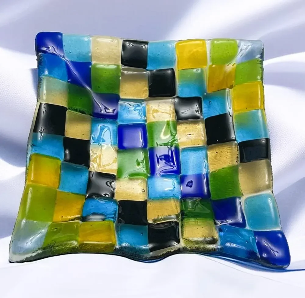 Vintage Italian Murano Art Fused Glass Geometric Design Trinket Dish