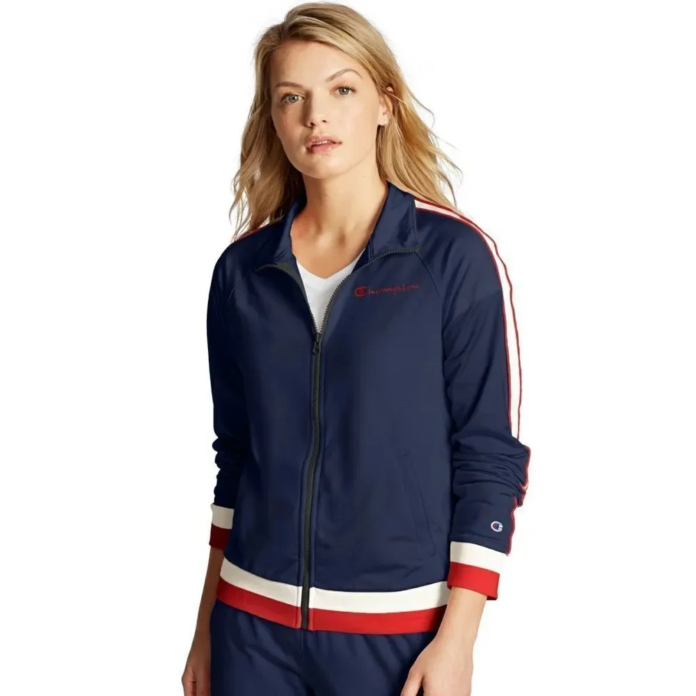 New! CHAMPION Logo Varsity Stripes Athletic Track Jacket Zip-front Blue Large