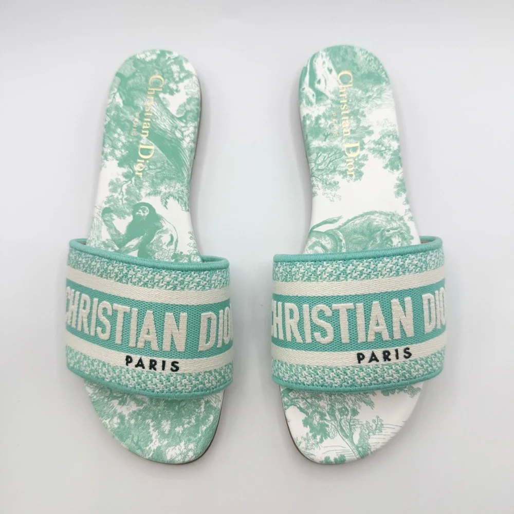 NEW Dior Green White Dway Toile Embroidered Canvas Flat Slide Sandals Shoes