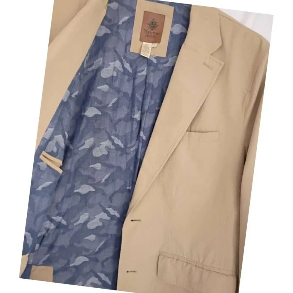 Territory Ahead 100% Cotton Tan Blazer Jacket‎ L Button Up Lapel Collar Light