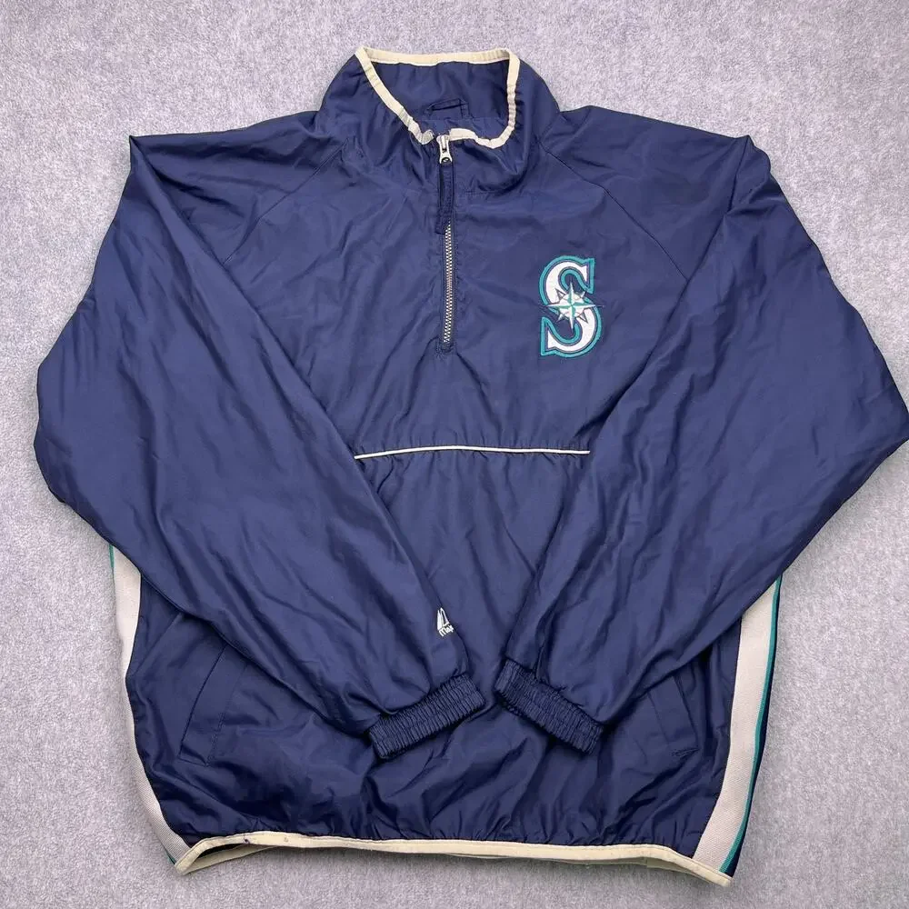 VTG Seattle‎ Mariners Majestic Pullover Jacket Windbreaker XL Blue 1/4 Zip MLB