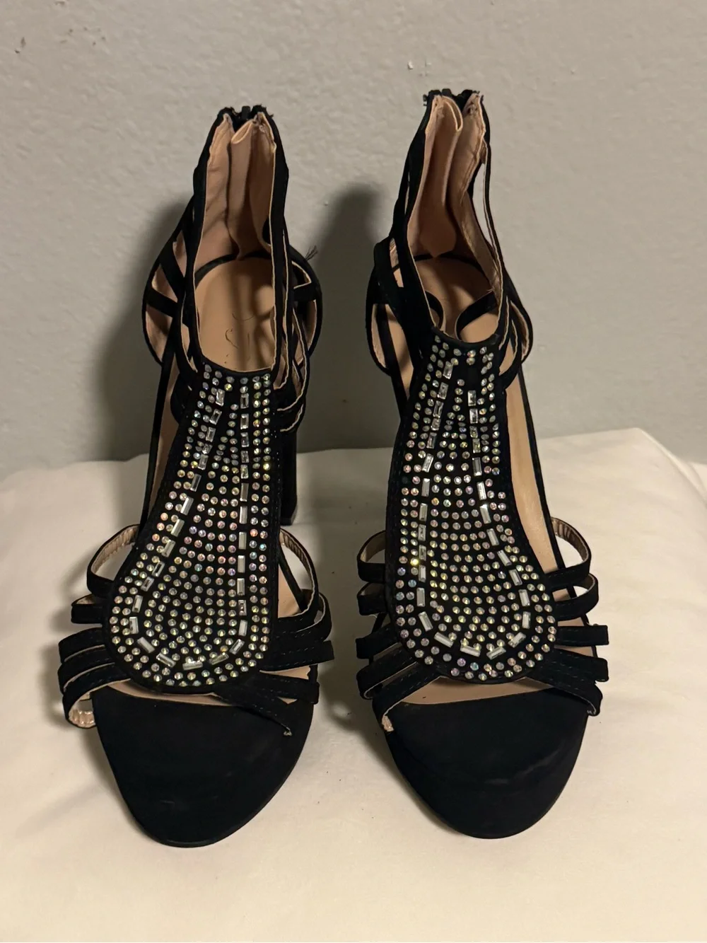 Embellished Black Strappy High Heels