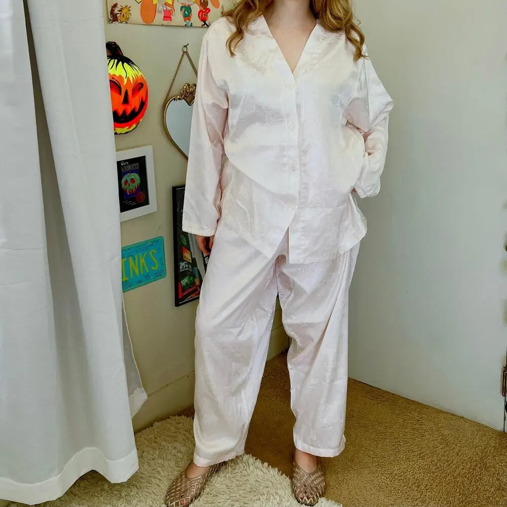 Vintage 90s Jaclyn Smith Pale Pink Satin Pajamas Plus Size XL 2X