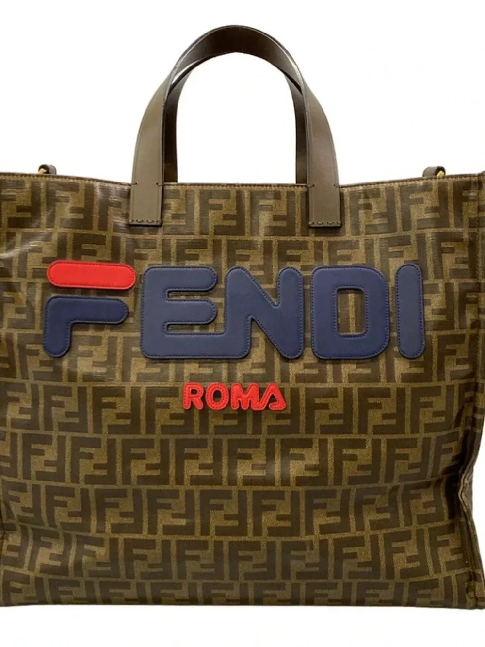 FENDI Fendi Mania 8BH357 Brown Red Multi Coated Canvas Leather Tote Bag