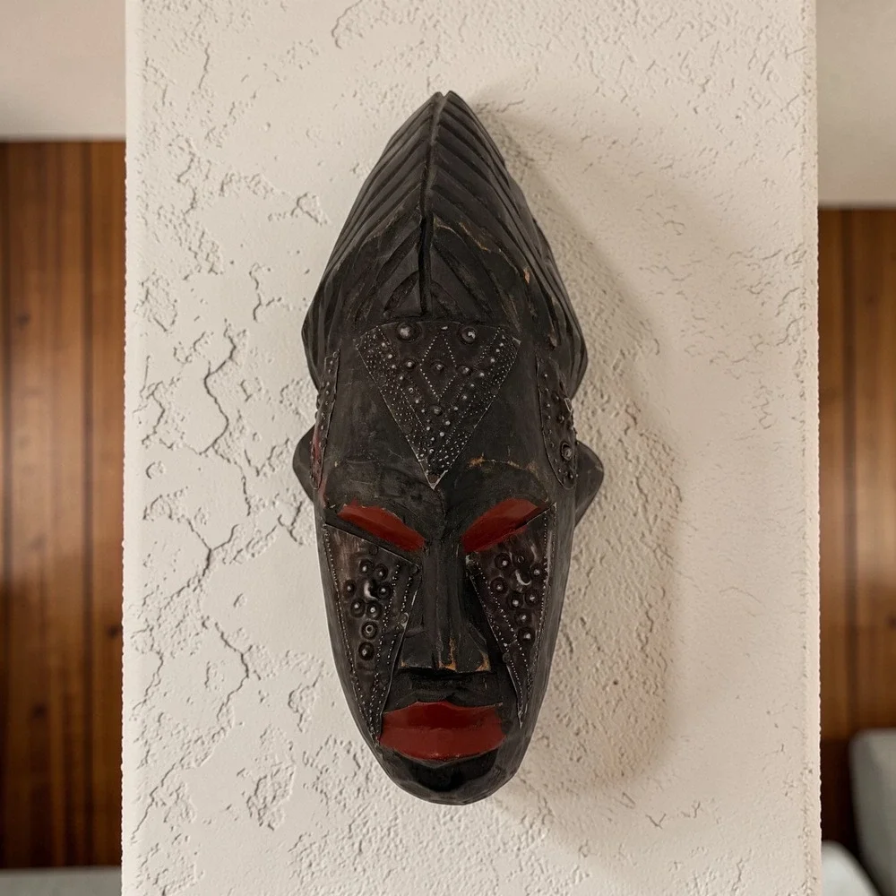 Vintage Marka Mali Tribal Mask Hand Carved Wood Brass Metal African Art‎ 14