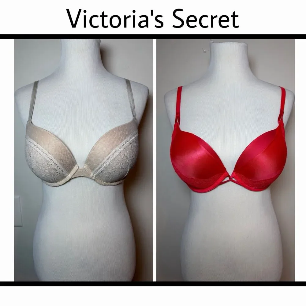 Victoria’s Secret 2 Pc Bra Lot 34D Beige & Red
