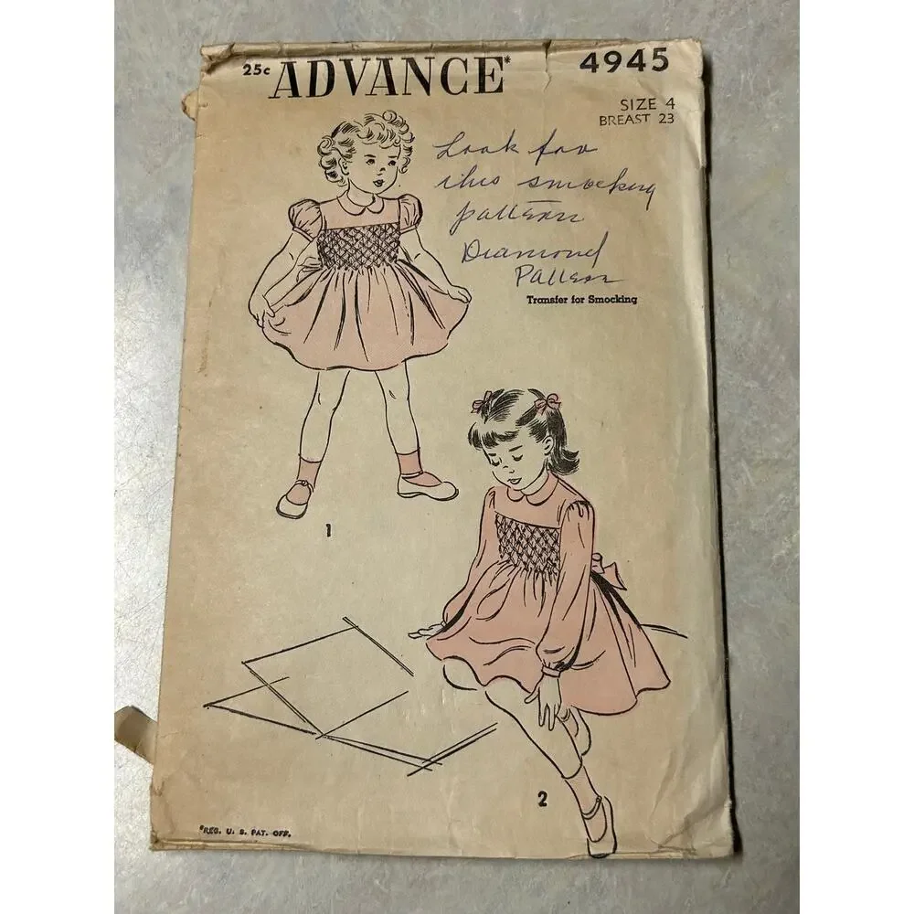 Vintage 1948 Advance Pattern #4945 Toddler Girls Smocked Dress Size‎ 4