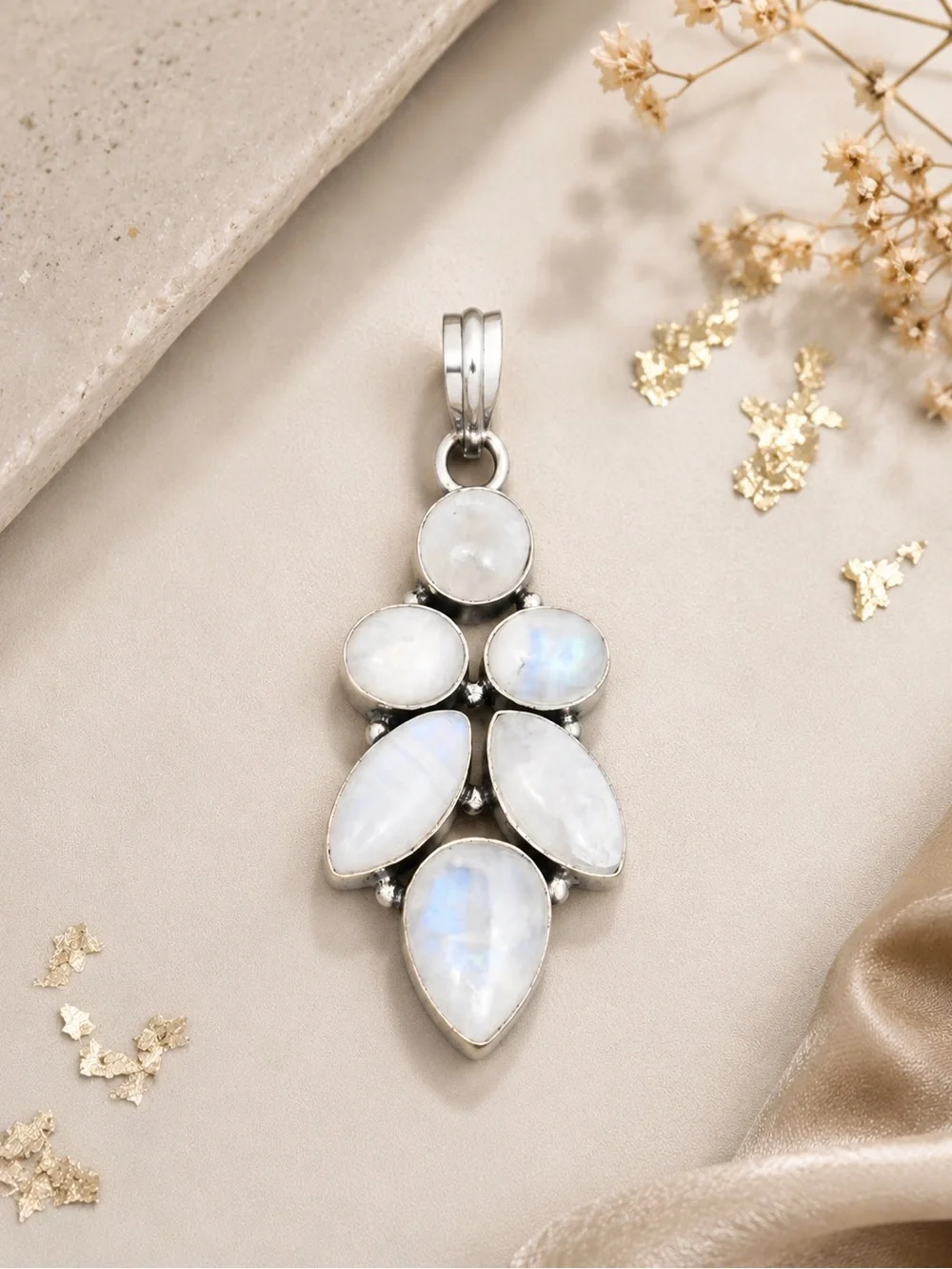 Handcrafted 6-Stone Rainbow Moonstone 925 Silver 2.5” Pendant