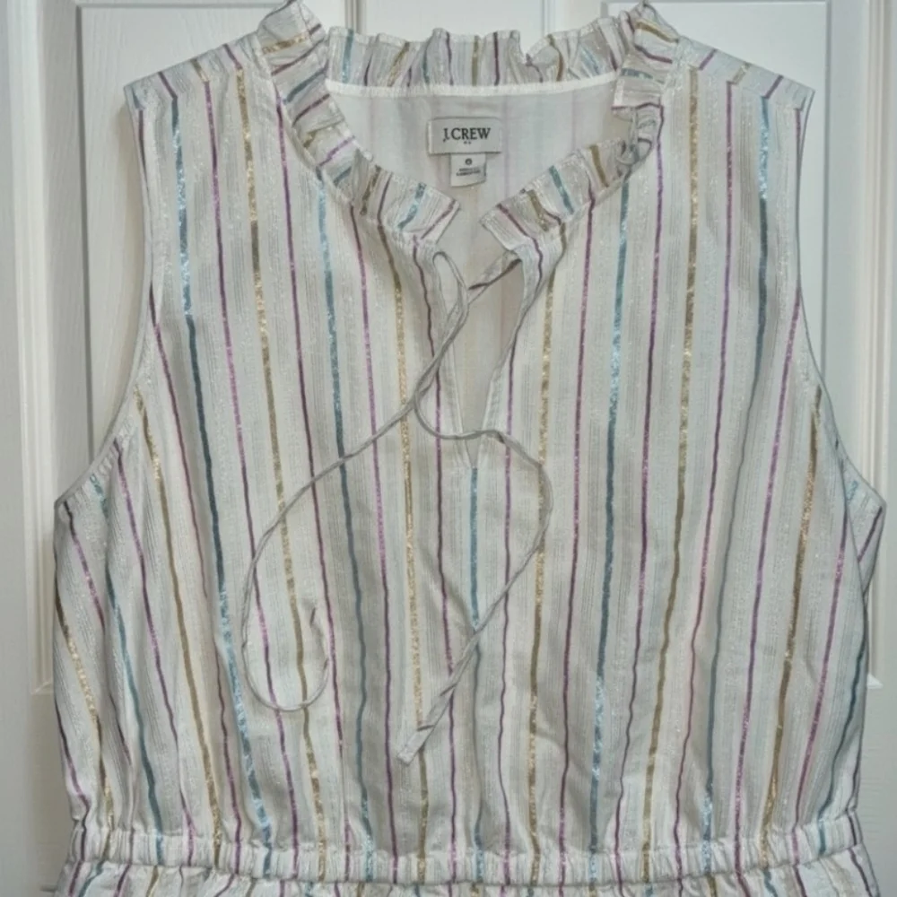J.Crew Cotton Ruffle Collar Metallic Stripe Midi Dress - White/Pastel Size 6