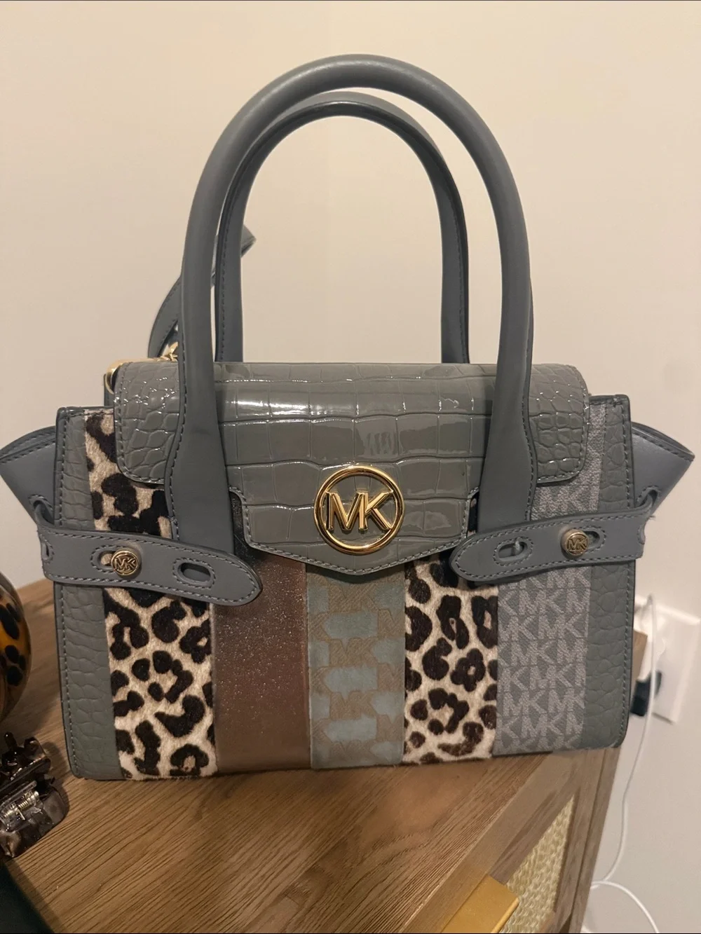 Michael Kors Grey Mixed-Print Satchel with Gold MK Logo