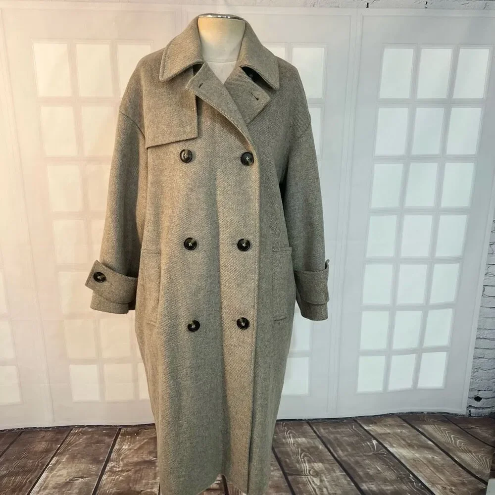 ASOS Tan Double Breasted Wide Collar Long Winter Peacoat Size 4 Petite