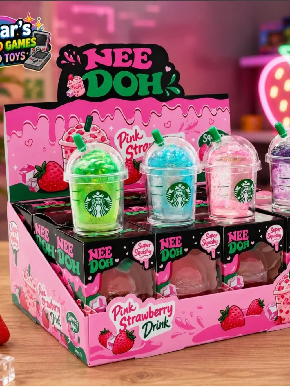 Pink Strawberry Drink Kids Slime Cup - Green, Blue, Pink