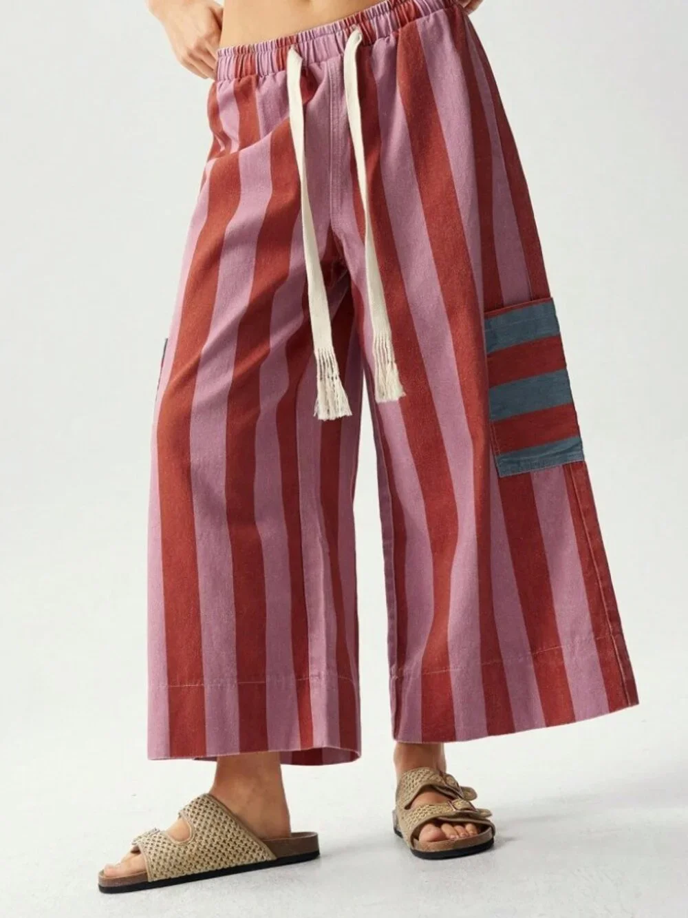 Pink & Burgundy Striped Cropped Pants with Tassel Drawstring