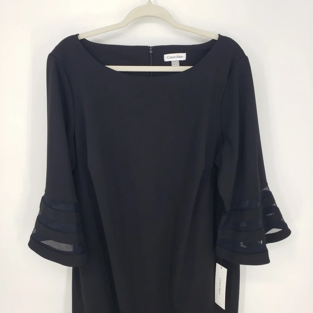 Calvin Klein Bell Sleeve Sheath Dress Illusion Sheer Mesh Striped Size 18W Black
