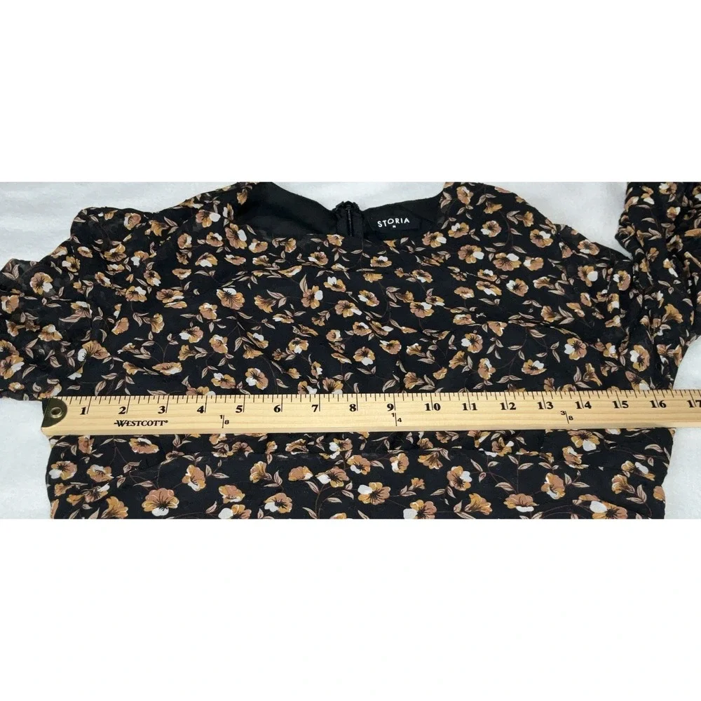 Storia  Dress Size S Mini Floral Long Sleeve ‎ Black Brown Ruched Swiss Dot Zip