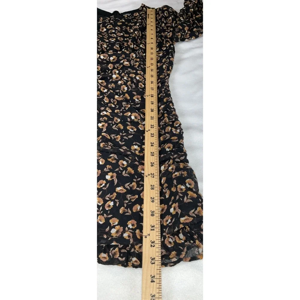 Storia  Dress Size S Mini Floral Long Sleeve ‎ Black Brown Ruched Swiss Dot Zip