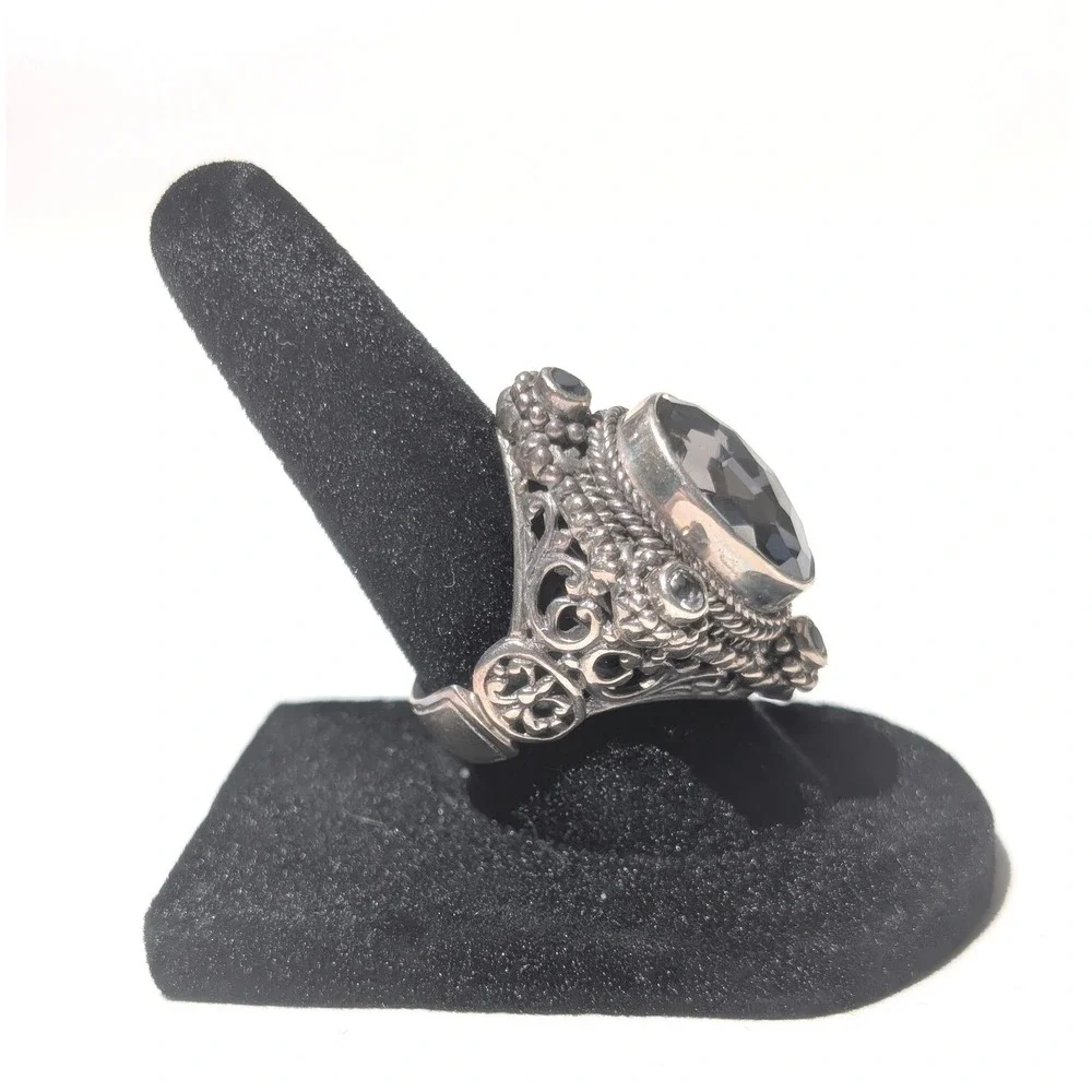 Sarda Bali Sterling Silver Gray Smoky Quartz Filigree Ring Size 7 Balinese Style