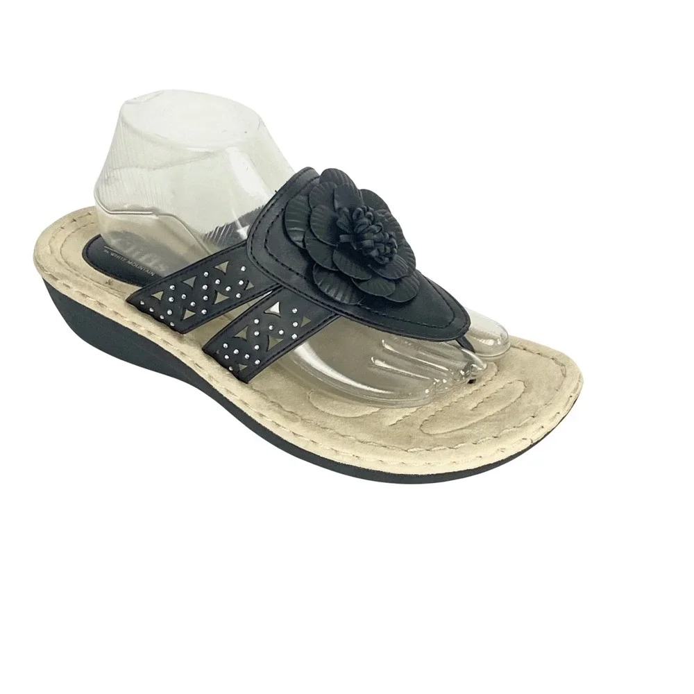 Cliffs by White Mountain Cynthia Black Floral‎ Rhinestone Wedge Sandals 11M