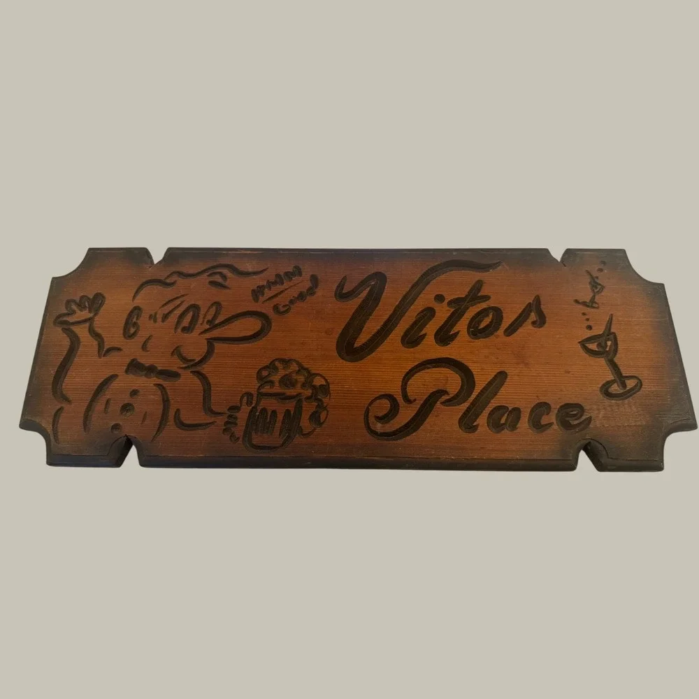 Vintage Hand Carved Wood Bar Sign Vitos Place Rustic‎ Man Cave Wall Decor 20x7