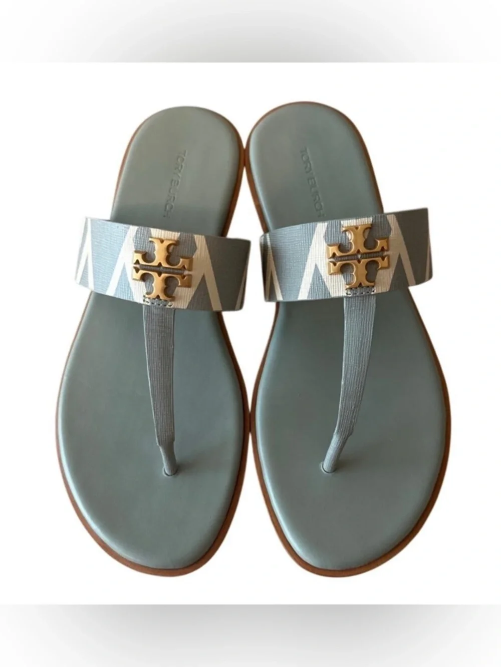 Tory Burch Mini Everly Geometric‎ Blue Grey Sandals Double T 7