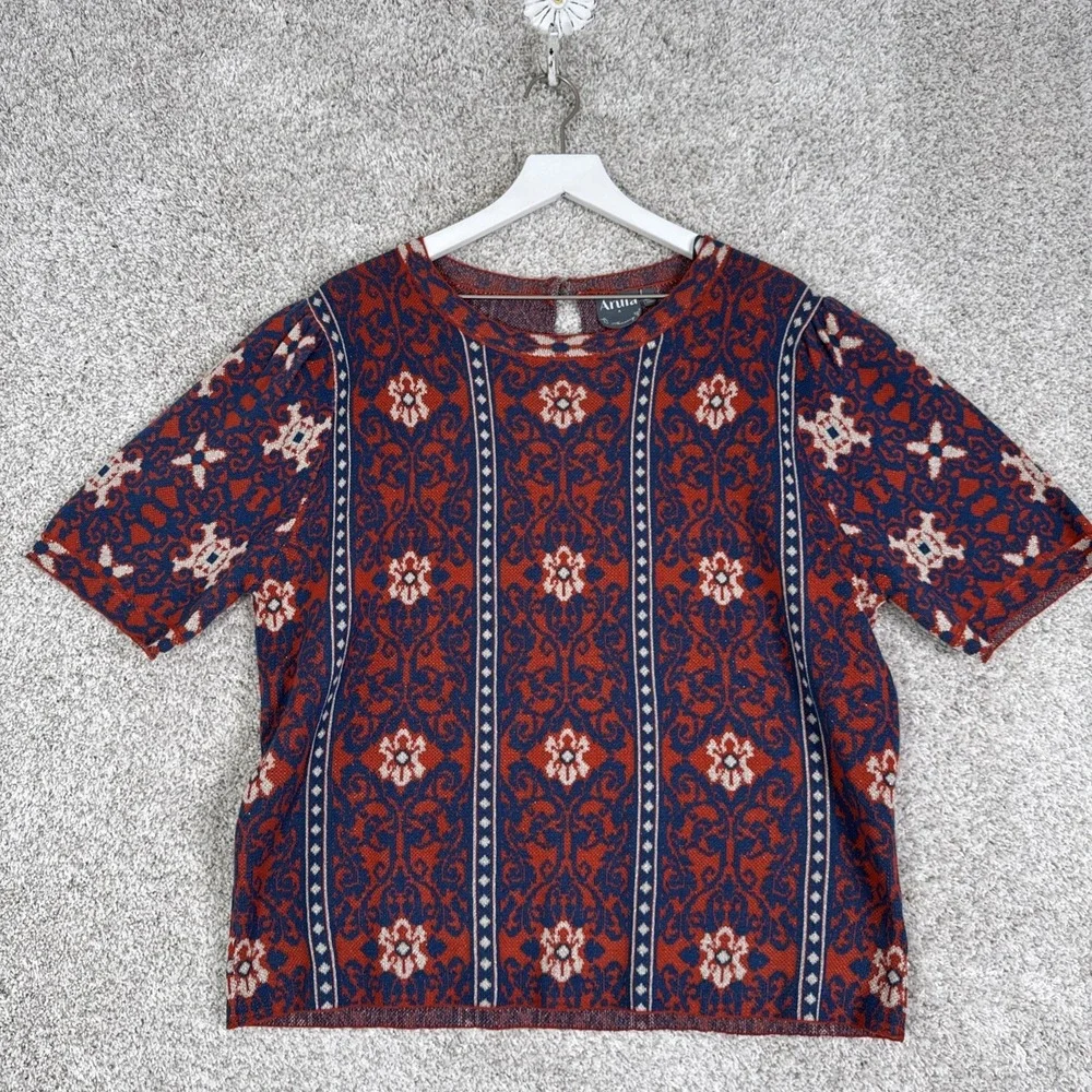 Arula Sweater Pullover Short Sleeve Rust‎ Floral Top Metallic Sz A/1X