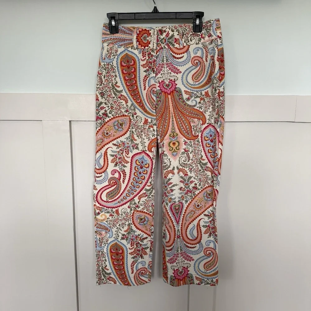 J Crew Cropped Pants Women's Size 0‎ Paisley 100% Cotton Preppy Colorful Spring