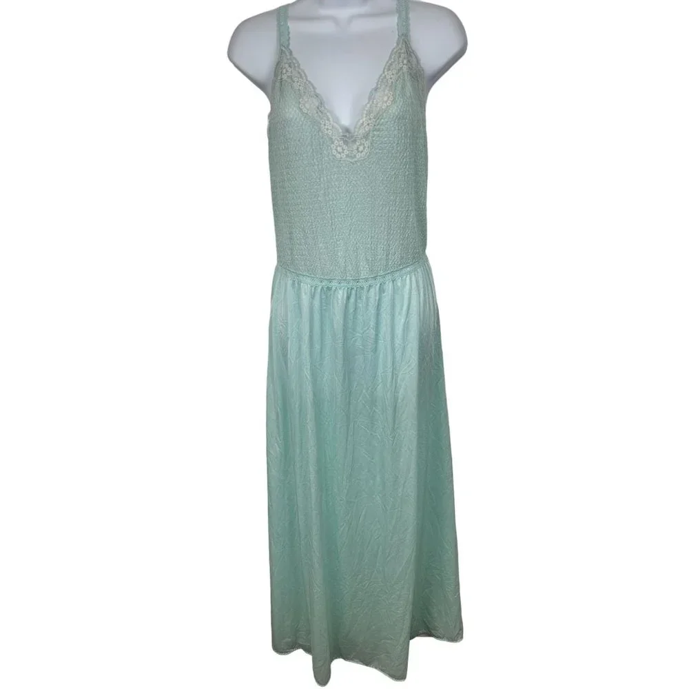 Vintage Vanity Fair Nightgown Medium Blue Plunge Lace Stretch Full Length‎ Sexy