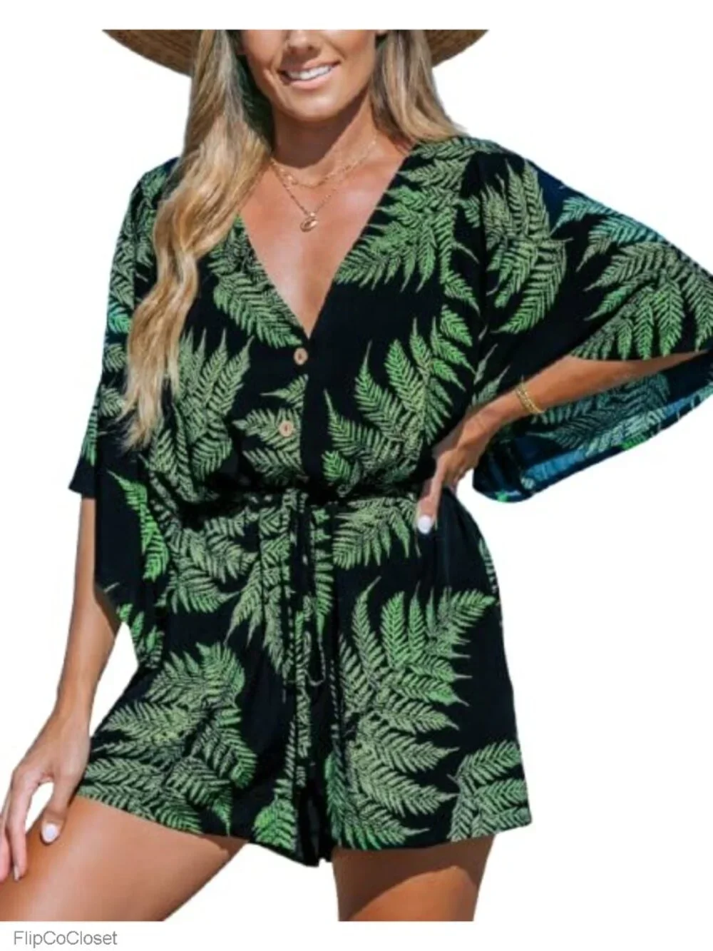 Women's Tropical Romper V-Neck Tie Waist Short Sleeve Rayon Jumpsuit