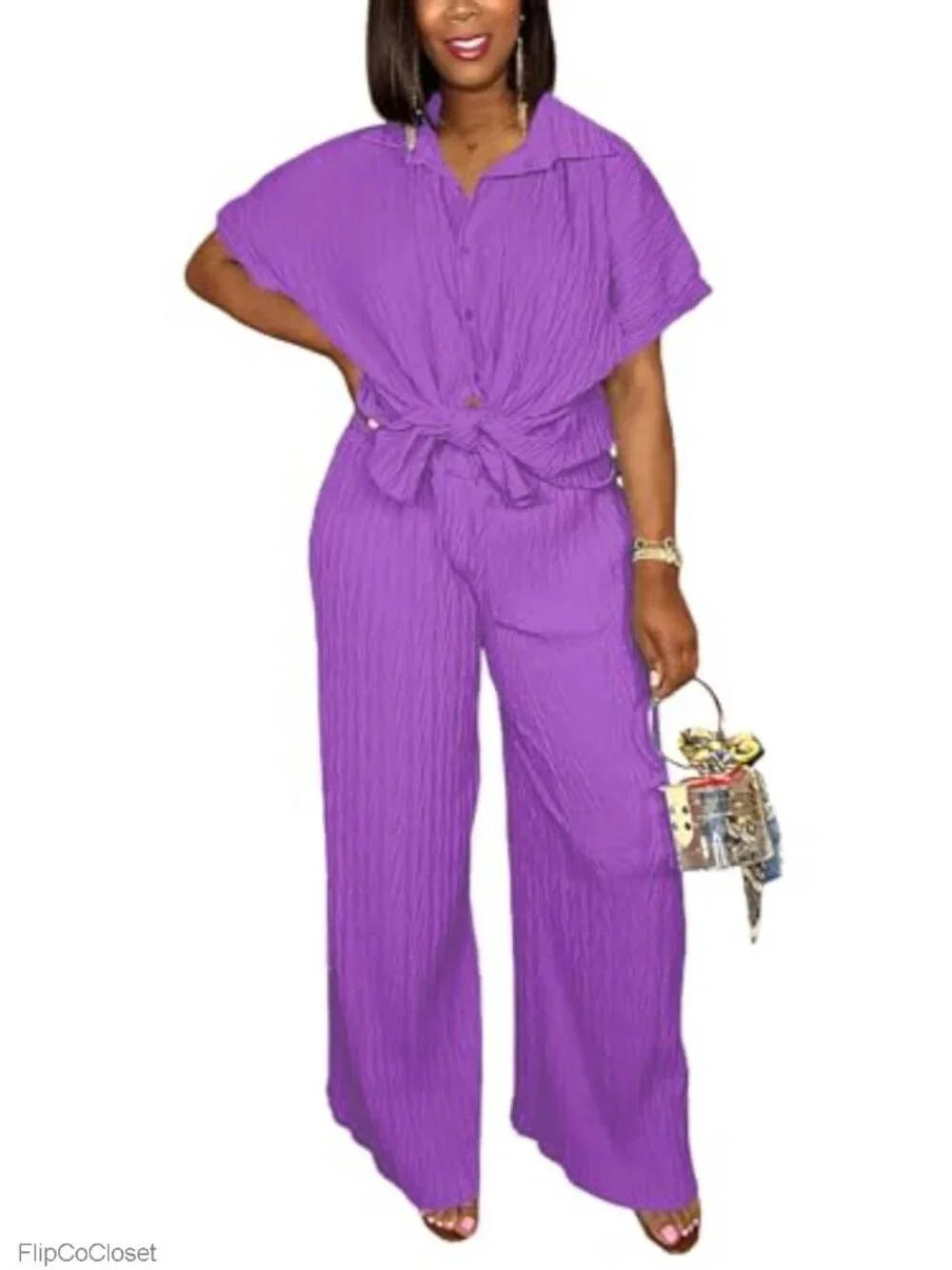 Women's 2 Piece Outfit Short Sleeve Button Down Shirt & Wide Leg Pants Set
