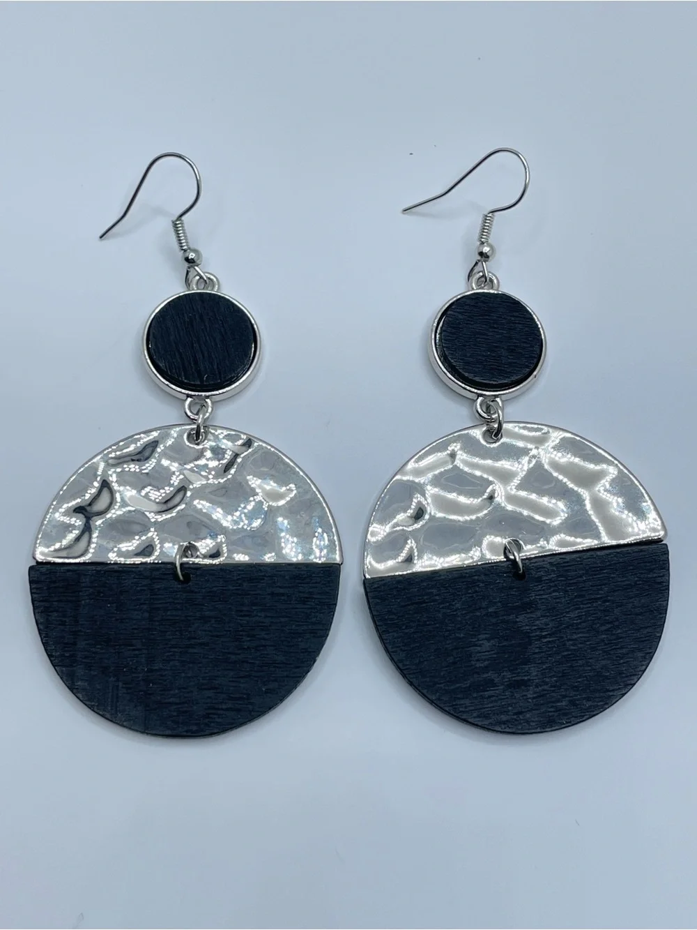 Silver Tone Black Wood Geometric Dangle Earrings Statement