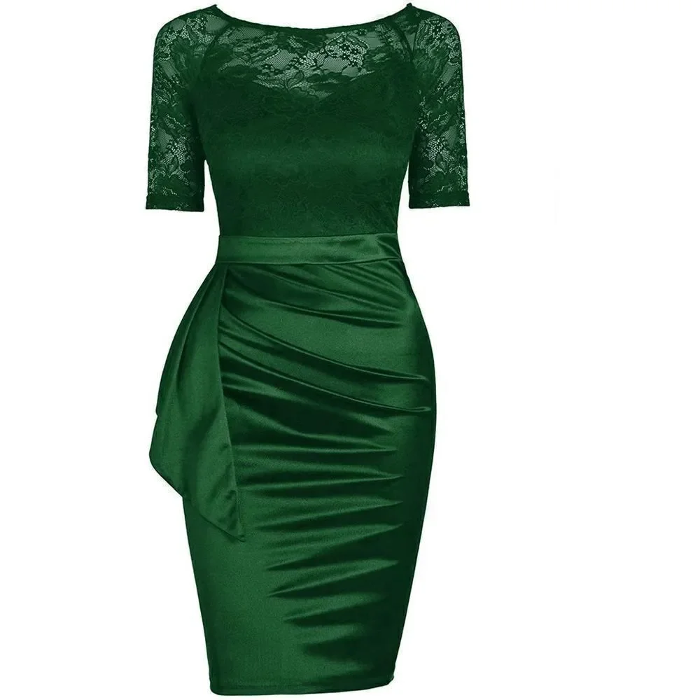 💚 Elegant Romantic Lace Satin Fitted Ruched Ruffles Retro Pencil Dress XXL NWT