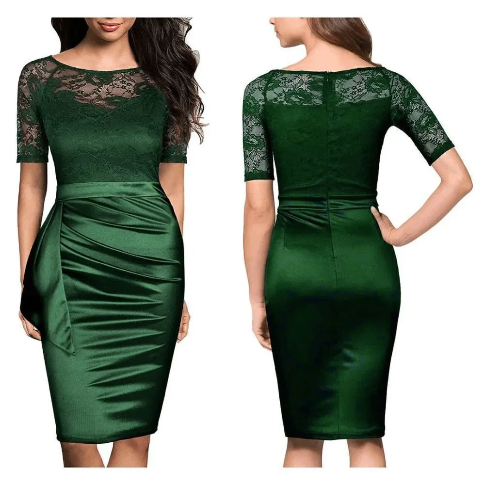 💚 Elegant Romantic Lace Satin Fitted Ruched Ruffles Retro Pencil Dress XXL NWT