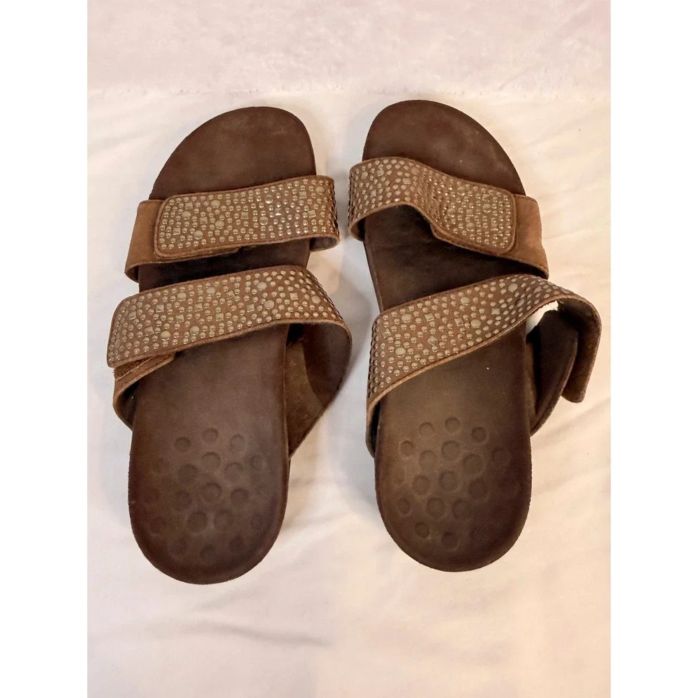 Vionic Adjustable Rhinestone Slide Sandals Brown Suede Comfort‎ Women's 6