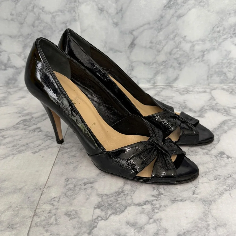Butter Peep Toe Pumps 8.5 Black Patent Leather Knotted Bow Stiletto Italy‎