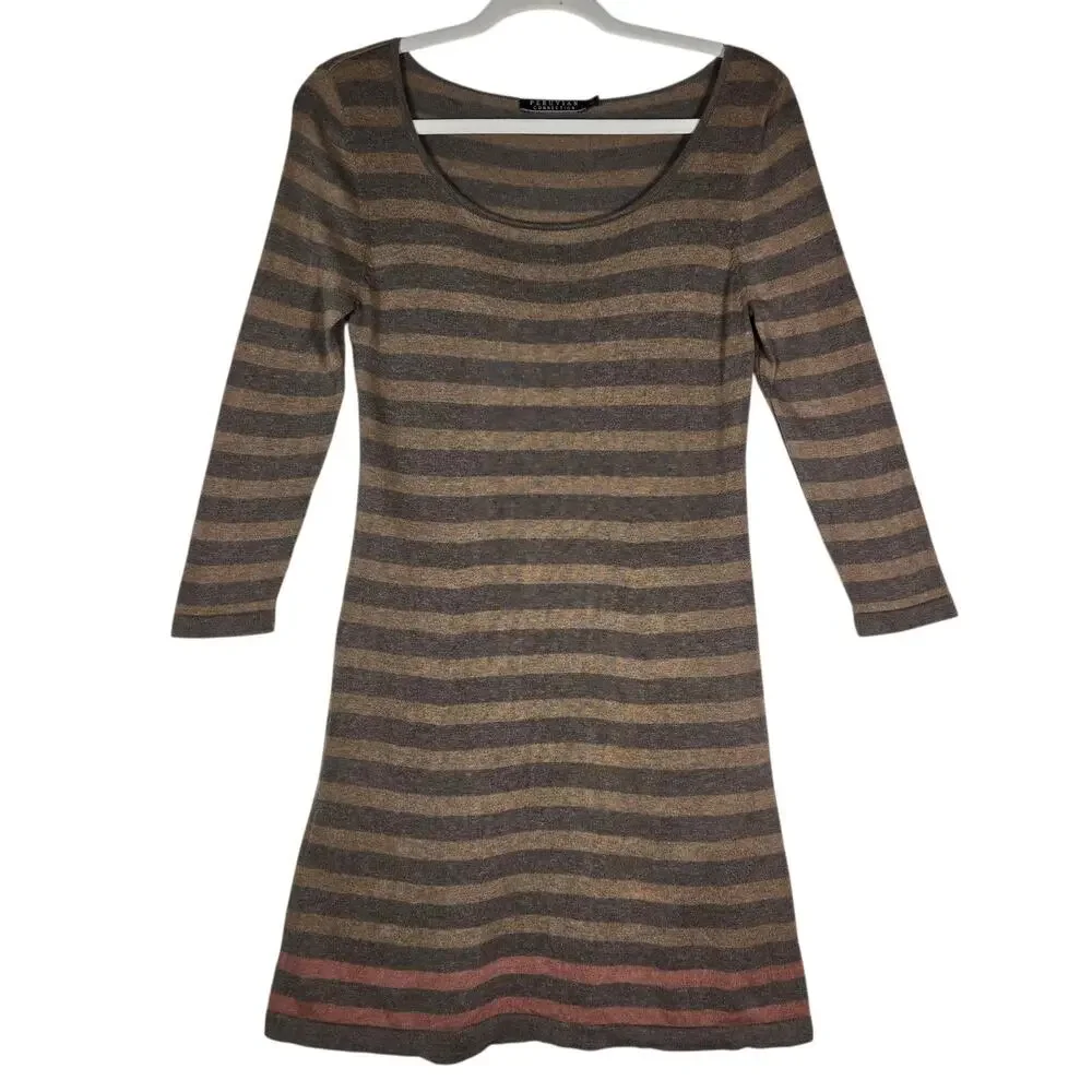 Peruvian Connection Dress Womens Small Brown Gray Striped Pima‎ Cotton Knit