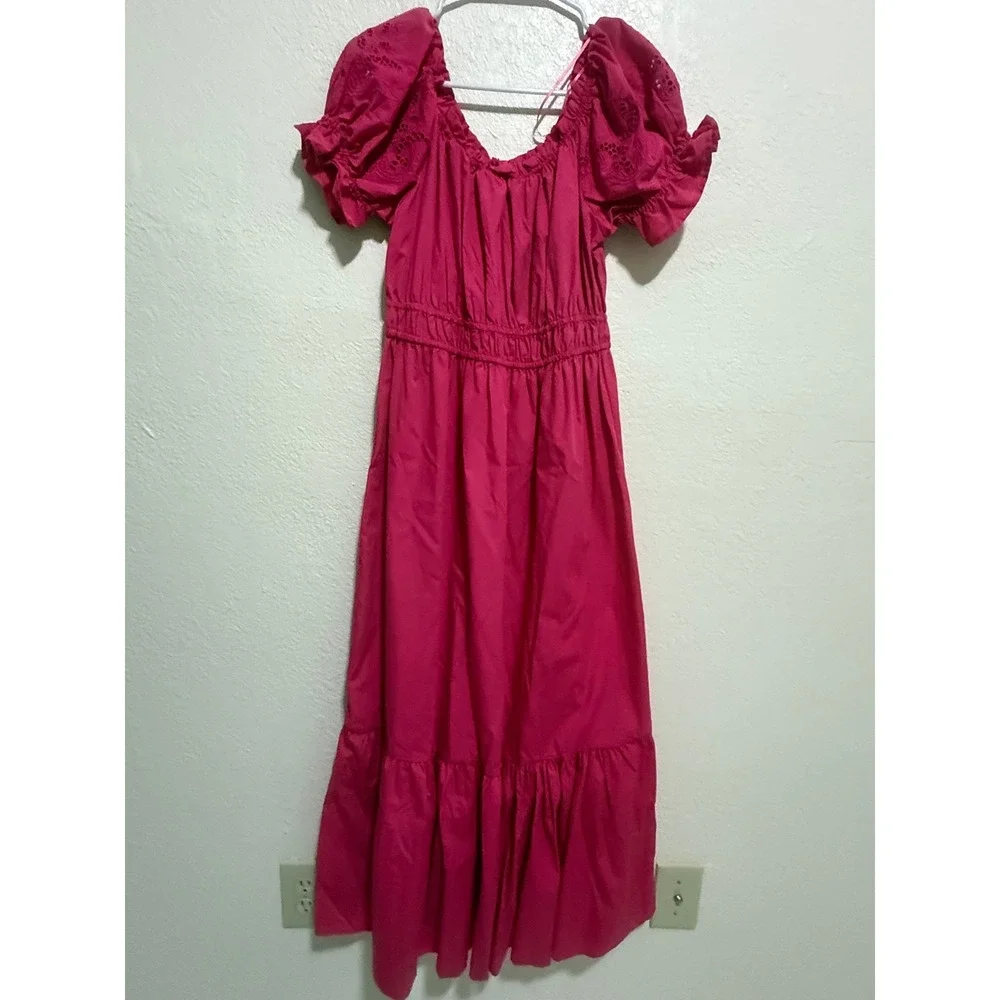 Ashley &‎ Sage Pink Eyelet Puff Sleeve Smocked Tiered Maxi Dress Womens L