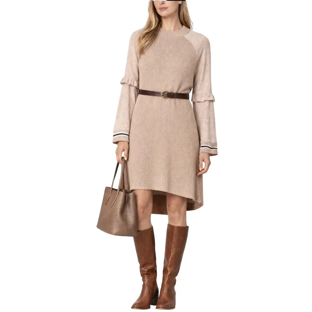 Free People Zou Bisou Sweater Dress Beige Ruffle Sleeve‎ M NWT  Boho Chic