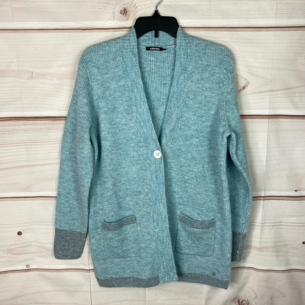 Olsen Sweater‎ Womens Small Blue Henny Regular Fit Cardigan Blue Pockets V-Neck