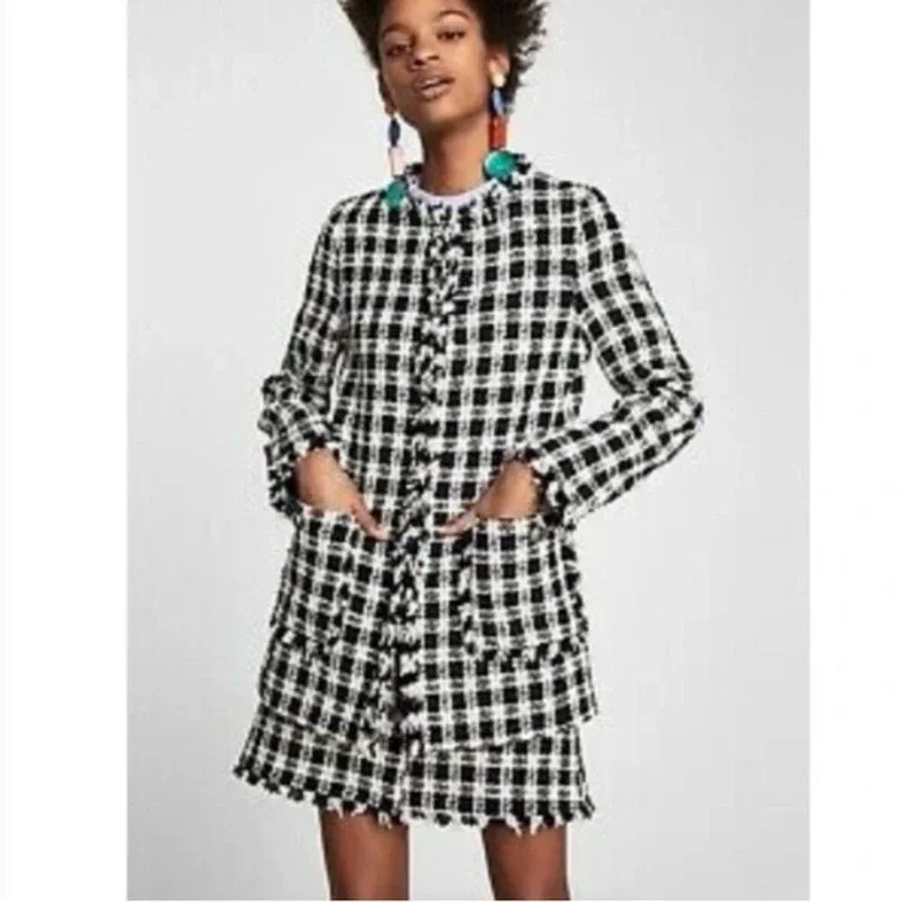 Zara tweed frayed checkered overcoat‎ size M