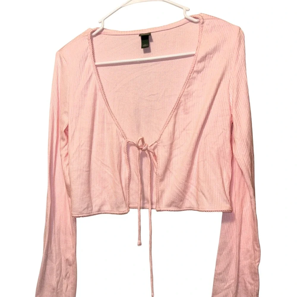 Wild Fable‎ Light Pink Ribbed Tie-Front Cropped Cardigan Long Sleeve Top Medium
