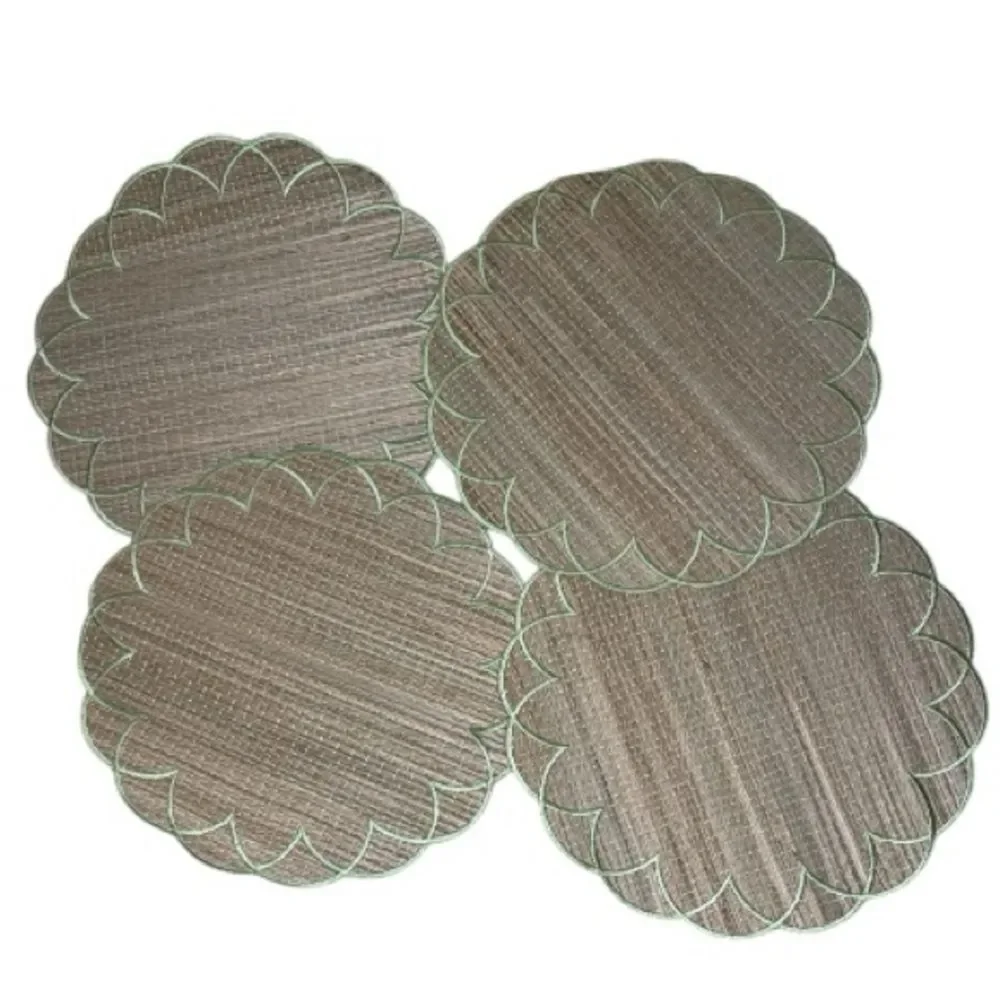 Iza Silva Set of Four Embroidered Raffia Placemats with‎ Green Trim.