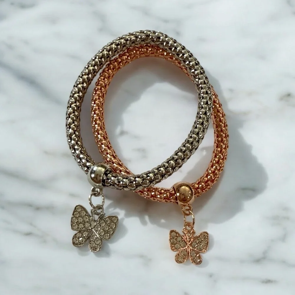 Elegant Stretch Bracelet Set - Rose Gold & Silver Butterfly‎ Charms