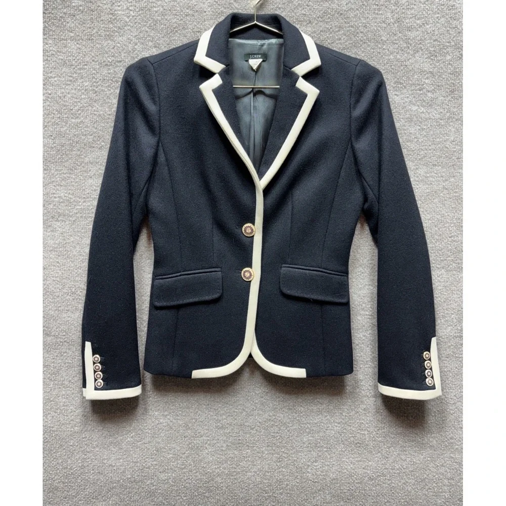 J. Crew Schoolgirl Blazer Jacket Tipped Wool Deep Navy‎ and Light Mauve Trim