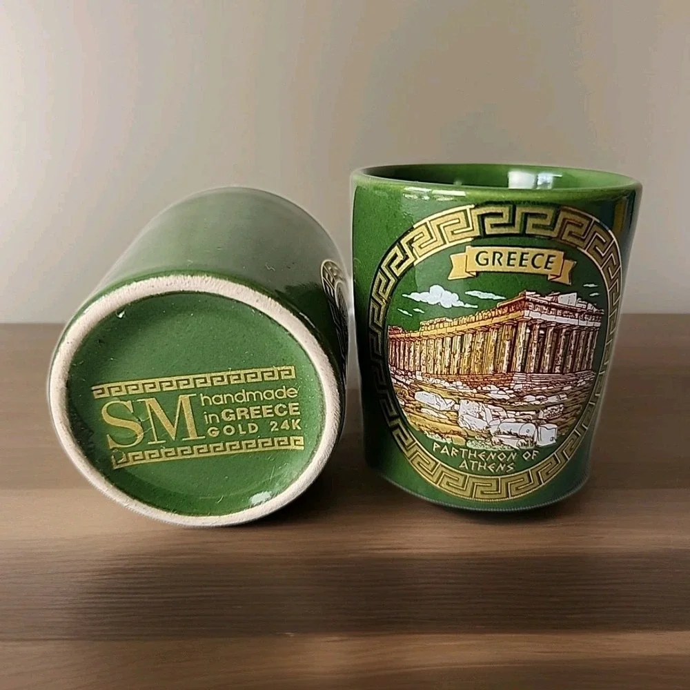 Lot 2 Vintage‎ Greek Handmade Shot Glasses Parthenon of Athens Green w/24K Gold