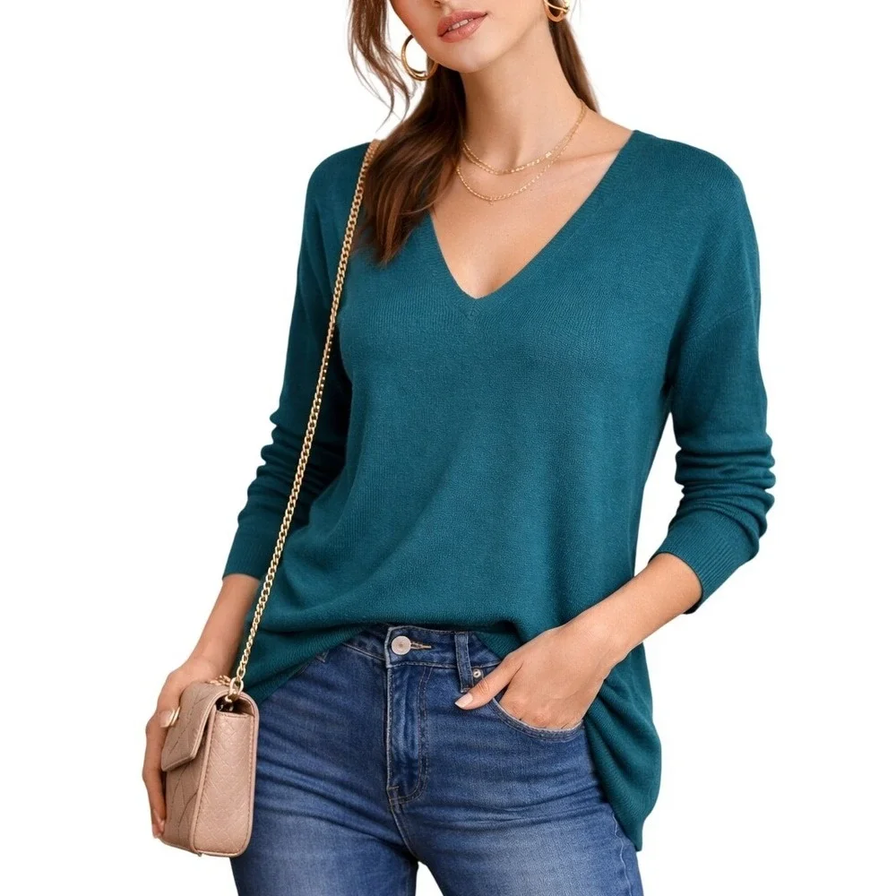 White House Black Market Green V Neck Long Sleeve Sweater Top‎ Size S