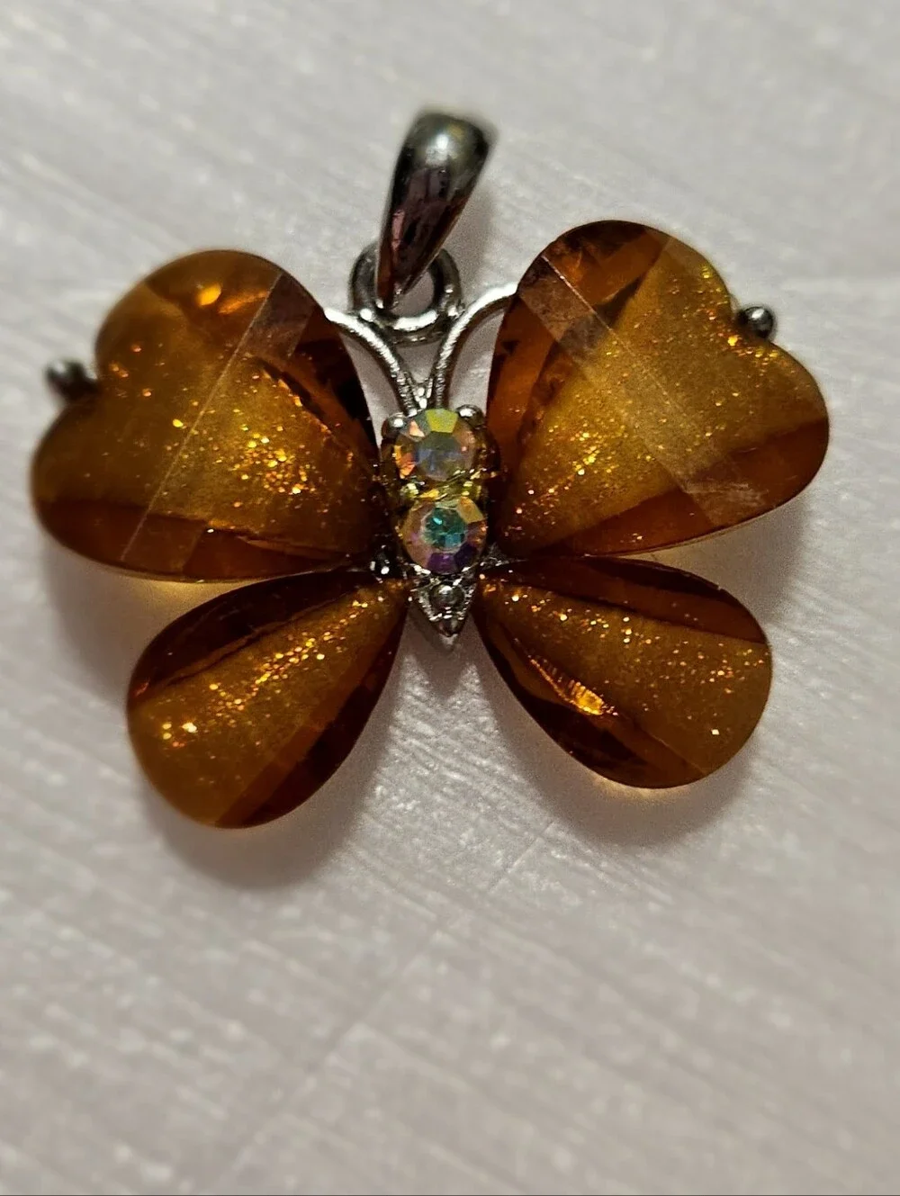 Amber Crystal W/Aurora Borealis Stones Butterfly Pendant