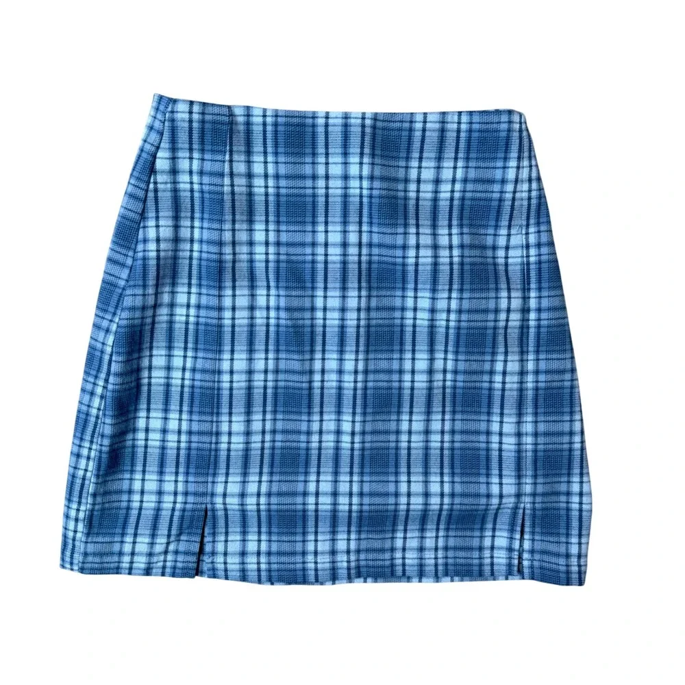 Brandy Melville Blue Plaid Cara Mini Skirt Splits Preppy Y2K Coquette‎ Clueless