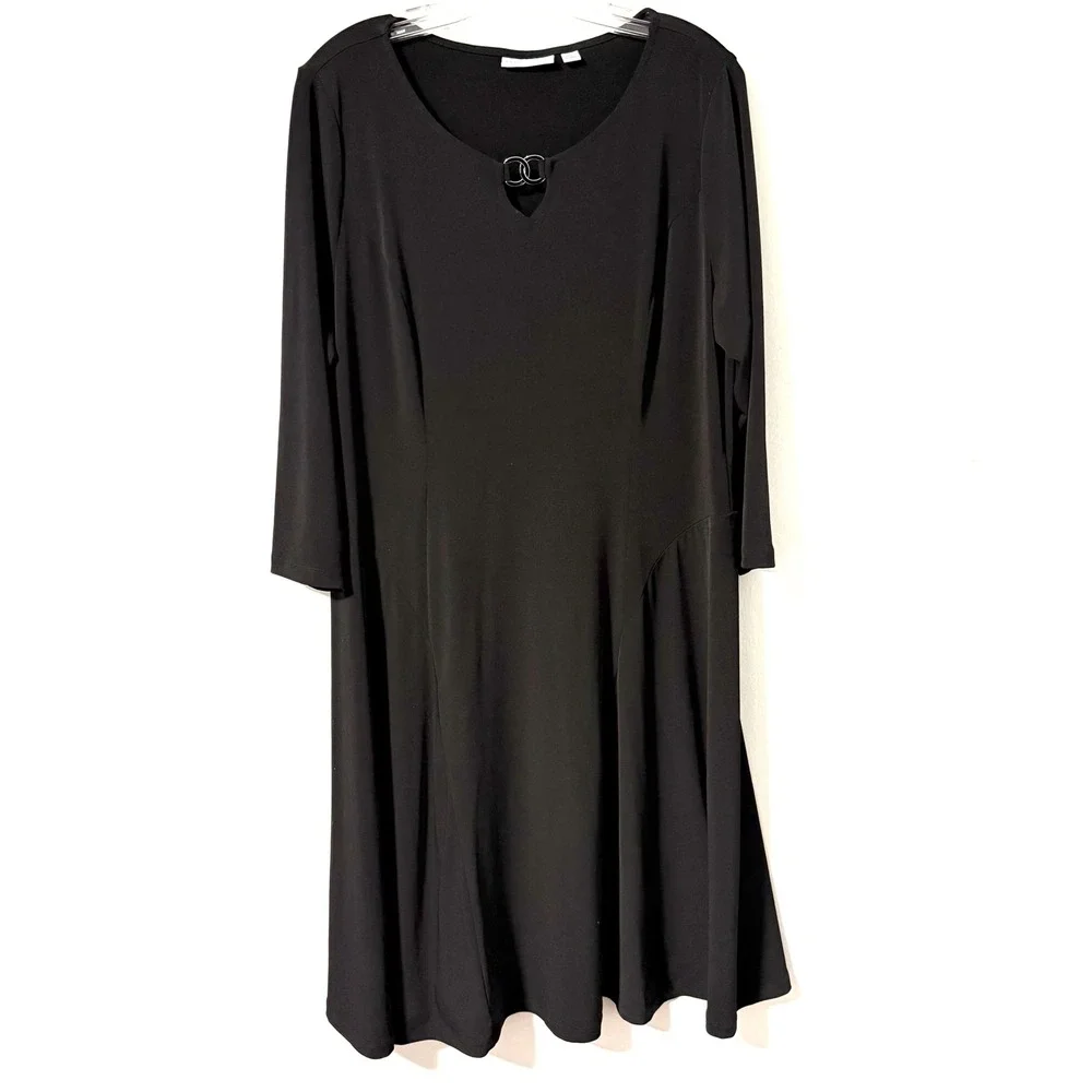 Susan Graver‎ Black Liquid Knit Dress 3/4 A-line Sleeve Keyhole Neck Size L