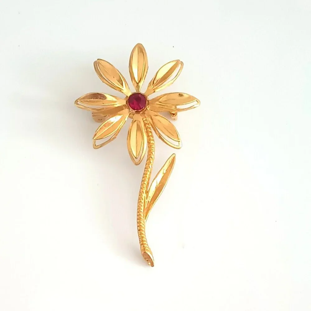Vintage Long Stem Flower Brooch Etched Gold Tone 3D Red Rhinestone Center
