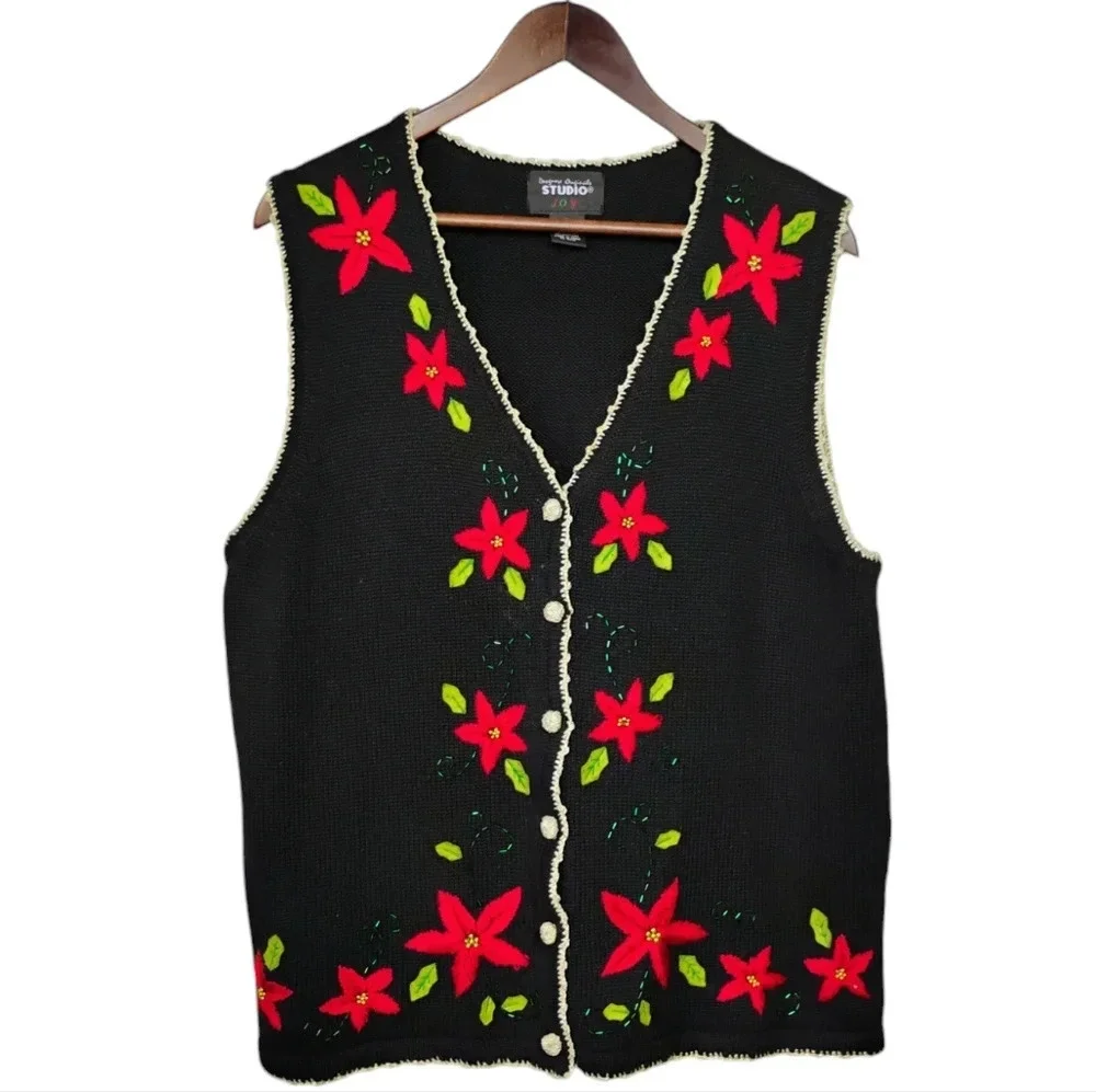 Vintage Designers Studio Originals Christmas Poinsettia Embroidered Sweater Vest